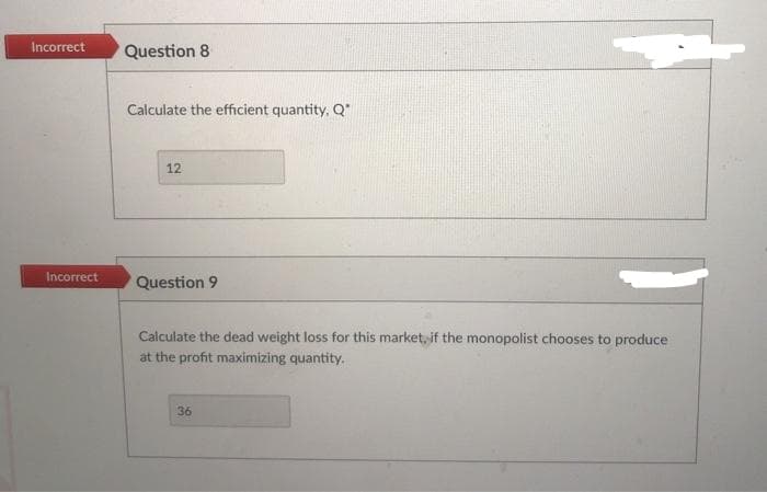 Incorrect Question 8
Incorrect
Calculate the efficient quantity, Q*
12
Question 9
Calculate the dead weight loss for this market, if the monopolist chooses to produce
at the profit maximizing quantity.
36