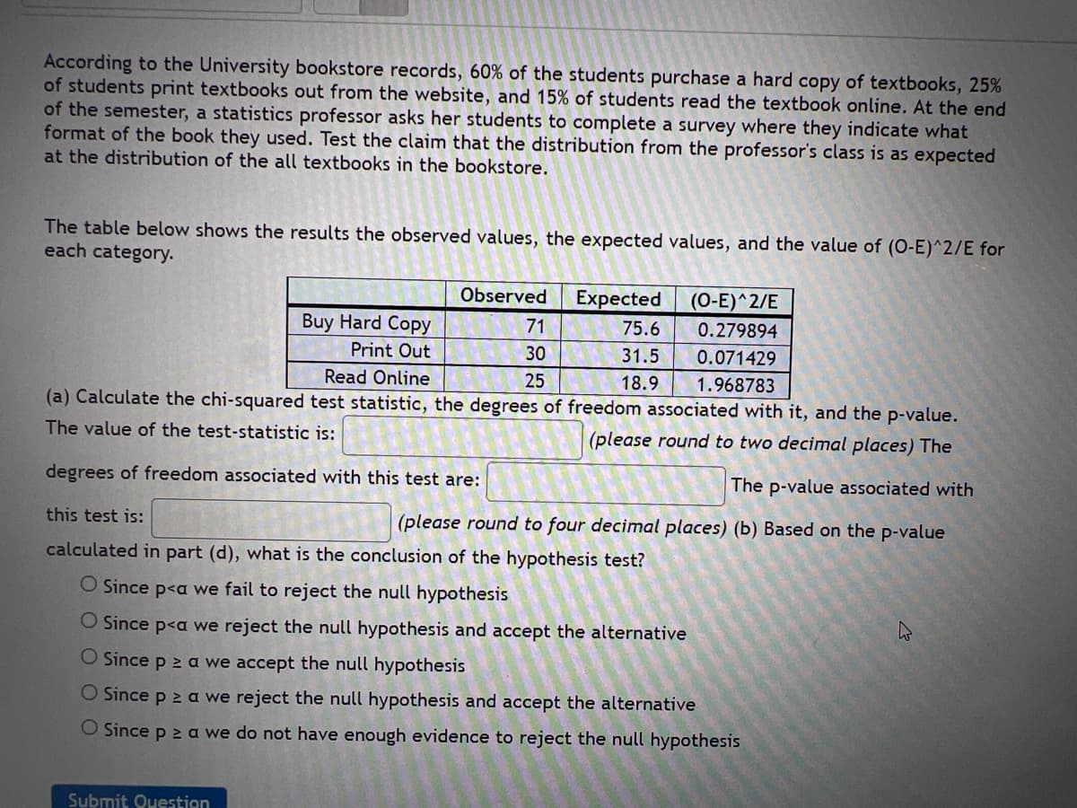 According to the University bookstore records, 60% of the students purchase a hard copy of textbooks, 25%
of students print textbooks out from the website, and 15% of students read the textbook online. At the end
of the semester, a statistics professor asks her students to complete a survey where they indicate what
format of the book they used. Test the claim that the distribution from the professor's class is as expected
at the distribution of the all textbooks in the bookstore.
The table below shows the results the observed values, the expected values, and the value of (O-E)^2/E for
each category.
Observed
Expected
(O-E)^2/E
Buy Hard Copy
71
75.6
0.279894
Print Out
30
31.5
0.071429
Read Online
25
18.9
1.968783
(a) Calculate the chi-squared test statistic, the degrees of freedom associated with it, and the p-value.
The value of the test-statistic is:
(please round to two decimal places) The
degrees of freedom associated with this test are:
The p-value associated with
this test is:
(please round to four decimal places) (b) Based on the p-value
calculated in part (d), what is the conclusion of the hypothesis test?
O Since p<a we fail to reject the null hypothesis
O Since p<a we reject the null hypothesis and accept the alternative
O Since p 2 a we accept the null hypothesis
O Since p z a we reject the null hypothesis and accept the alternative
O Since p 2 a we do not have enough evidence to reject the null hypothesis
Submit Question
