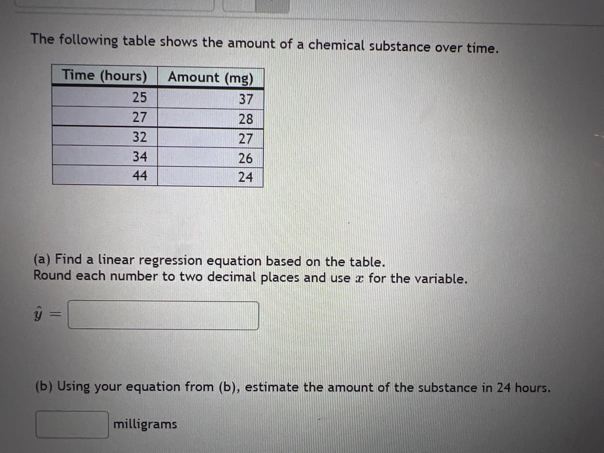 The following table shows the amount of a chemical substance over time.
Time (hours)
Amount (mg)
25
37
27
28
32
27
34
26
44
24
(a) Find a linear regression equation based on the table.
Round each number to two decimal places and use x for the variable.
(b) Using your equation from (b), estimate the amount of the substance in 24 hours.
milligrams
