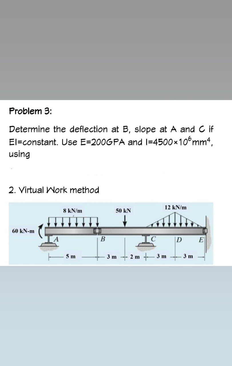 Problem 3:
Determine the deflection at B, slope at A and C if
El=constant. Use E=200GPA and 1=4500x106mm4,
using
2. Virtual Work method
60 kN-m
8 kN/m
5 m
B
50 kN
3 m
12 kN/m
2 m3 m
D
3 m
E