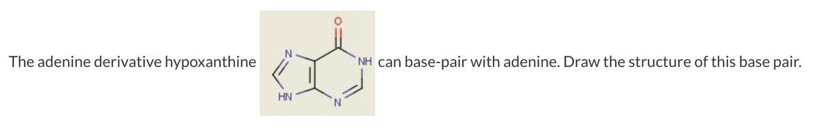 The adenine derivative hypoxanthine
HN
O
N
NH can base-pair with adenine. Draw the structure of this base pair.