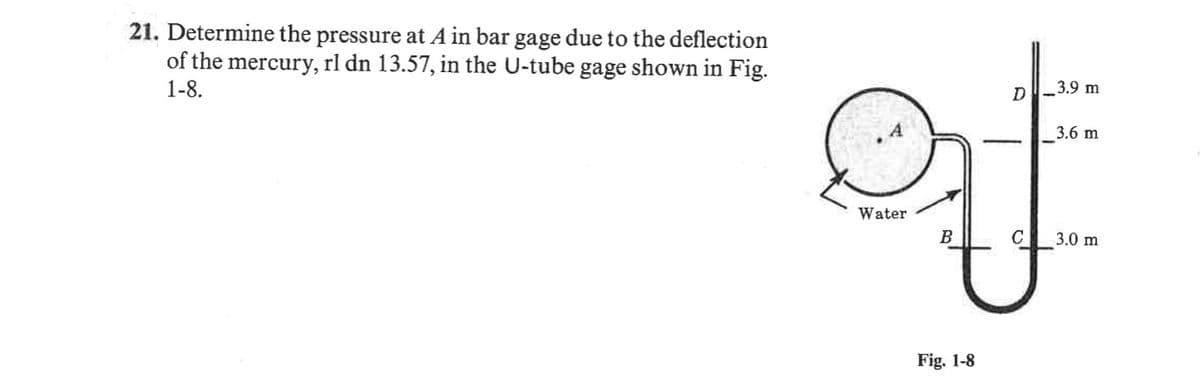 21. Determine the pressure at A in bar gage due to the deflection
of the mercury, rl dn 13.57, in the U-tube gage shown in Fig.
1-8.
D 3.9 m
3.6 m
of
Water
B
3.0 m
Fig. 1-8