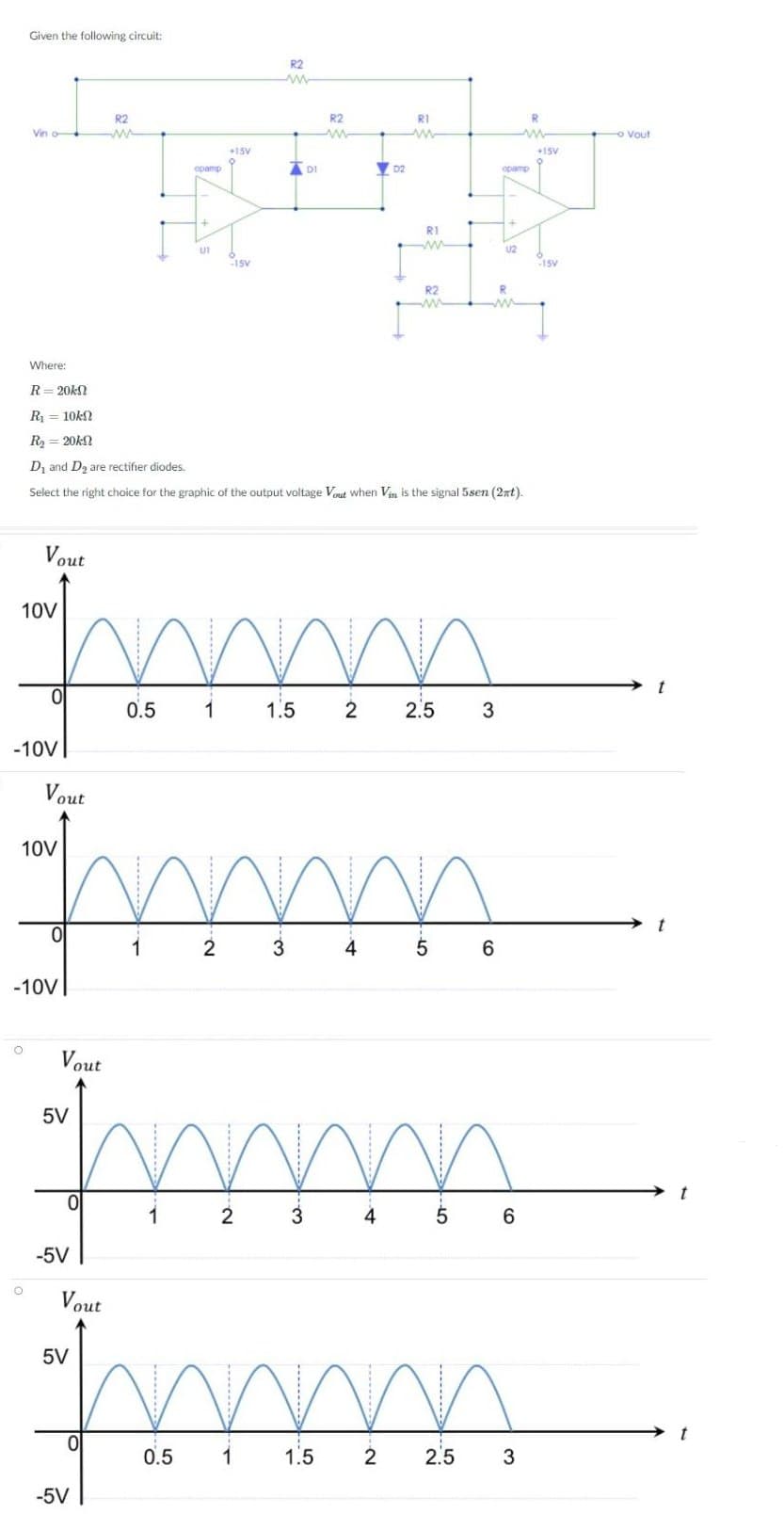 Given the following circuit:
R2
R2
R2
R1
Vin o-
ww
ww
o Vout
+15V
+15V
opamp
DI
D2
opamp
R1
UI
U2
15V
15V
R2
ww
Where:
R= 20kN
R = 10KN
R2 = 20k
D, and D, are rectifier diodes.
Select the right choice for the graphic of the output voltage Vout when Vin is the signal 5sen (2xt).
Vout
10V
0.5
1
1.5
2
2.5
3
-10V
Vout
10V
t
1
3
4
5
6
-10V
Vout
5V
1
3
4
6
-5V
Vout
5V
0.5
1
1.5
2
2.5
3
-5V
