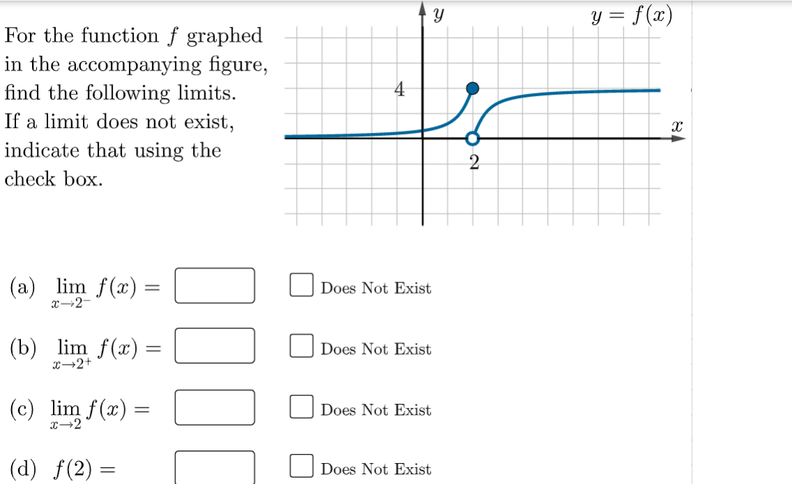 For the function f graphed
in the accompanying figure,
find the following limits.
If a limit does not exist,
indicate that using the
check box.
(a) lim f(x) =
x-2-
(b) lim f(x)
X→2+
(c) lim f(x) =
x-2
(d) f(2)
=
=
4
సా
Does Not Exist
Does Not Exist
Does Not Exist
Does Not Exist
NO
y = f(x)
X