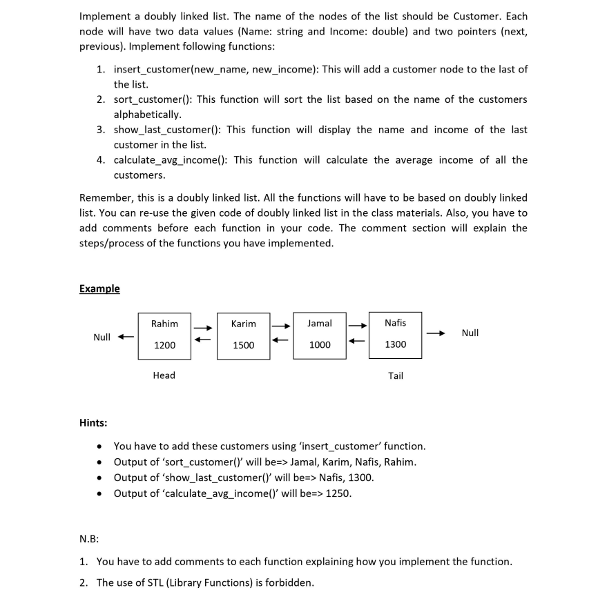 Implement a doubly linked list. The name of the nodes of the list should be Customer. Each
node will have two data values (Name: string and Income: double) and two pointers (next,
previous). Implement following functions:
1. insert_customer(new_name, new_income): This will add a customer node to the last of
the list.
2. sort_customer(): This function will sort the list based on the name of the customers
alphabetically.
3. show_last_customer(): This function will display the name and income of the last
customer in the list.
4. calculate_avg_income(): This function will calculate the average income of all the
customers.
Remember, this is a doubly linked list. All the functions will have to be based on doubly linked
list. You can re-use the given code of doubly linked list in the class materials. Also, you have to
add comments before each function in your code. The comment section will explain the
steps/process of the functions you have implemented.
Example
Rahim
Karim
Jamal
Nafis
Null
Null
1200
1500
1000
1300
Нead
Tail
Hints:
You have to add these customers using 'insert_customer' function.
• Output of 'sort_customer()' will be=> Jamal, Karim, Nafis, Rahim.
• Output of 'show_last_customer()' will be=> Nafis, 1300.
• Output of 'calculate_avg_income()' will be=> 1250.
N.B:
1. You have to add comments to each function explaining how you implement the function.
2. The use of STL (Library Functions) is forbidden.
