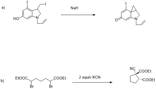 a)
NaH
но
NC
cOOEt
Et0OC.
cOOEt
2 equiv KCN
b)
COOEt
Br
Br
