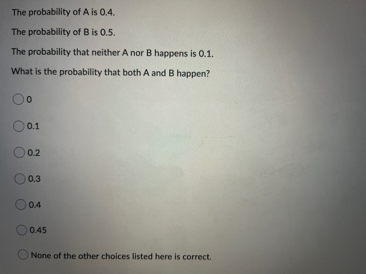 The probability of A is 0.4.
The probability of B is 0.5.
The probability that neither A nor B happens is 0.1.
What is the probability that both A and B happen?
0.1
0.2
0.3
O 0.4
0.45
None of the other choices listed here is correct.
