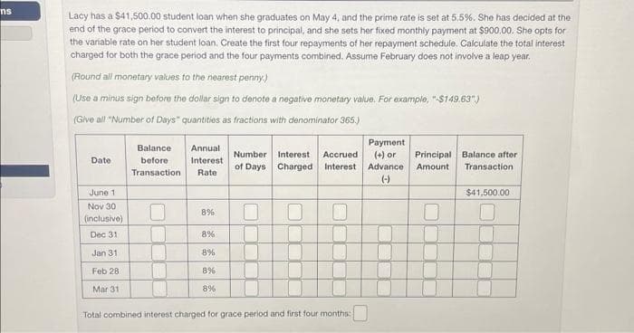 ns
Lacy has a $41,500.00 student loan when she graduates on May 4, and the prime rate is set at 5.5%. She has decided at the
end of the grace period to convert the interest to principal, and she sets her fixed monthly payment at $900.00. She opts for
the variable rate on her student loan. Create the first four repayments of her repayment schedule. Calculate the total interest
charged for both the grace period and the four payments combined. Assume February does not involve a leap year.
(Round all monetary values to the nearest penny.)
(Use a minus sign before the dollar sign to denote a negative monetary value. For example, "-$149.63")
(Give all "Number of Days" quantities as fractions with denominator 365.)
Date
June 11
Nov 30
(inclusive)
Dec 31
Jan 31
Feb 28
Mar 31
Balance
before
Transaction
Annual
Interest
Rate
8%
8%
8%
8%
8%
Number Interest Accrued
of Days Charged Interest
U
D
n
Total combined interest charged for grace period and first four months:
Payment
(+) or Principal Balance after
Advance Amount Transaction
(-)
10
$41,500.00