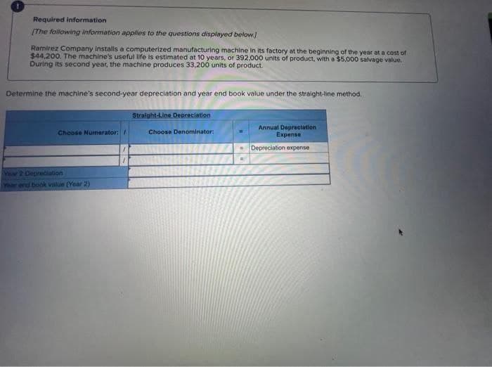 Required information
[The following information applies to the questions displayed below]
Ramirez Company installs a computerized manufacturing machine in its factory at the beginning of the year at a cost of
$44,200. The machine's useful life is estimated at 10 years, or 392,000 units of product, with a $5,000 salvage value.
During its second year, the machine produces 33,200 units of product.
Determine the machine's second-year depreciation and year end book value under the straight-line method.
Choose Numerator:
Year 2 Depreciation
Year end book value (Year 2)
Straight-Line Depreciation
Choose Denominator:
Annual Depreciation
Expense
= Depreciation expense