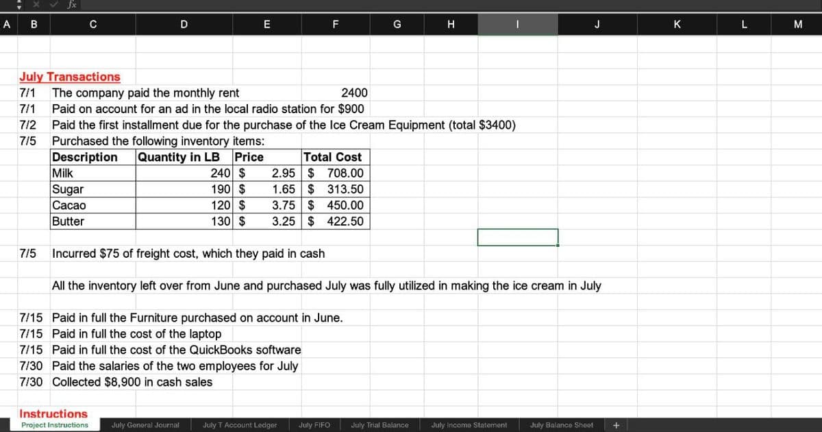 A B
fx
July Transactions
7/1
7/1
C
Milk
Sugar
Cacao
Butter
D
The company paid the monthly rent
2400
Paid on account for an ad in the local radio station for $900
Instructions
Project Instructions
E
July General Journal
F
7/2 Paid the first installment due for the purchase of the Ice Cream Equipment (total $3400)
7/5
Purchased the following inventory items:
Description
Quantity in LB Price
240 $
2.95
190 $
1.65
120 $
3.75
130 $ 3.25
July T Account Ledger
Total Cost
$708.00
$313.50
$450.00
$422.50
G
July FIFO
7/5 Incurred $75 of freight cost, which they paid in cash
All the inventory left over from June and purchased July was fully utilized in making the ice cream in July
7/15 Paid in full the Furniture purchased on account in June.
7/15 Paid in full the cost of the laptop
7/15 Paid in full the cost of the QuickBooks software
7/30 Paid the salaries of the two employees for July
7/30 Collected $8,900 in cash sales
H
July Trial Balance
I
July Income Statement
J
July Balance Sheet +
K
L
M