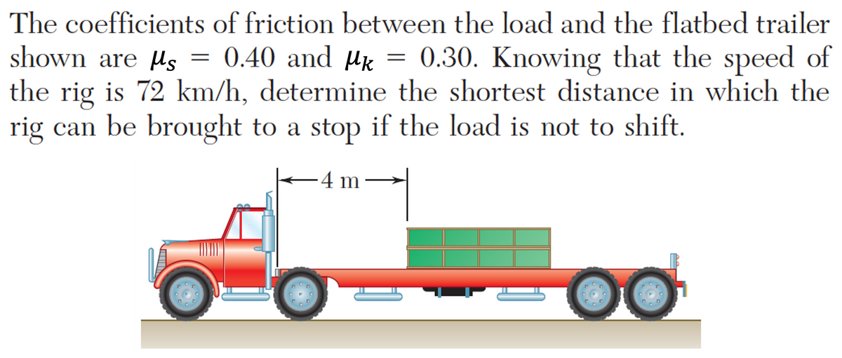 The coefficients of friction between the load and the flatbed trailer
shown are us = 0.40 and Hk =
the rig is 72 km/h, determine the shortest distance in which the
rig can be brought to a stop if the load is not to shift.
0.30. Knowing that the speed of
-4 m·
