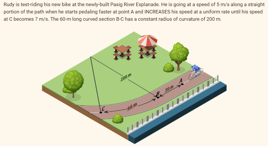 Rudy is test-riding his new bike at the newly-built Pasig River Esplanade. He is going at a speed of 5 m/s along a straight
portion of the path when he starts pedaling faster at point A and INCREASES his speed at a uniform rate until his speed
at C becomes 7 m/s. The 60-m long curved section B-C has a constant radius of curvature of 200 m.
200 m
30 m
60 m
