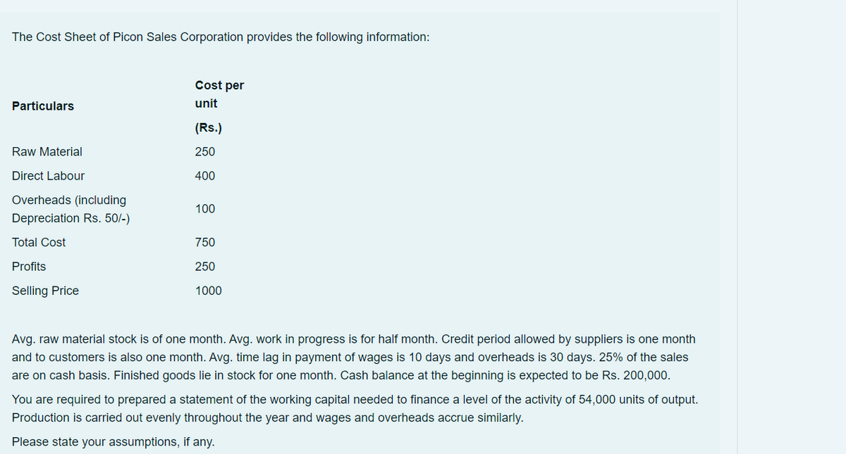 The Cost Sheet of Picon Sales Corporation provides the following information:
Cost per
Particulars
unit
(Rs.)
Raw Material
250
Direct Labour
400
Overheads (including
100
Depreciation Rs. 50/-)
Total Cost
750
Profits
250
Selling Price
1000
Avg. raw material stock is of one month. Avg. work in progress is for half month. Credit period allowed by suppliers is one month
and to customers is also one month. Avg. time lag in payment of wages is 10 days and overheads is 30 days. 25% of the sales
are on cash basis. Finished goods lie in stock for one month. Cash balance at the beginning is expected to be Rs. 200,000.
You are required to prepared a statement of the working capital needed to finance a level of the activity of 54,000 units of output.
Production is carried out evenly throughout the year and wages and overheads accrue similarly.
Please state your assumptions, if any.
