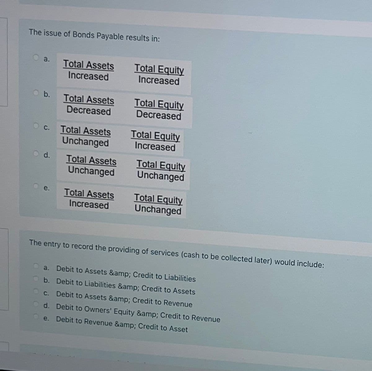 The issue of Bonds Payable results in:
a.
Total Assets
Increased
Total Equity
Increased
b.
Total Assets
Decreased
Total Equity
Decreased
C.
Total Assets
Unchanged
Total Equity
Increased
d.
Total Assets
Total Equity
Unchanged
Unchanged
e.
Total Assets
Total Equity
Increased
Unchanged
The entry to record the providing of services (cash to be collected later) would include:
a. Debit to Assets &amp; Credit to Liabilities
b. Debit to Liabilities &amp; Credit to Assets
C.
Debit to Assets &amp; Credit to Revenue
d. Debit to Owners' Equity &amp; Credit to Revenue
e. Debit to Revenue &amp; Credit to Asset