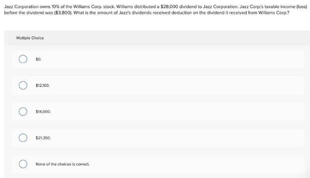 Jazz Corporation owns 10% of the Williams Corp. stock. Williams distributed a $28,000 dividend to Jazz Corporation. Jazz Corp's taxable income (loss)
before the dividend was ($3,800). What is the amount of Jazz's dividends received deduction on the dividend it recelved from Williams Corp.?
Multiple Choice
$0.
$12,100.
$14,000.
$21,350.
None of the choices is correct.
