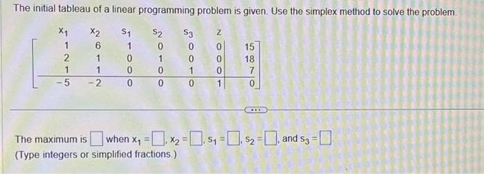 The initial tableau of a linear programming problem is given. Use the simplex method to solve the problem.
X₁ X₂ S1 S2 S3
6
1
0
0
0
0
1
0
1
2
1
-5
1
2
0
1
0
0
0
Z
0
0
0
1
15
18
7
0
...
=
The maximum is when x₁ = x₂ = $₁=₁ $₂ = , and $3
(Type integers or simplified fractions.)