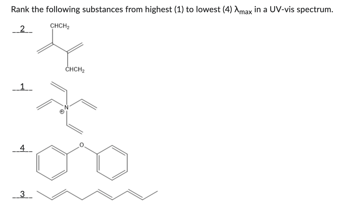 Rank the following substances from highest (1) to lowest (4) Amax in a UV-vis spectrum.
CHCH₂
-2
__2__
1
4
3
CHCH₂