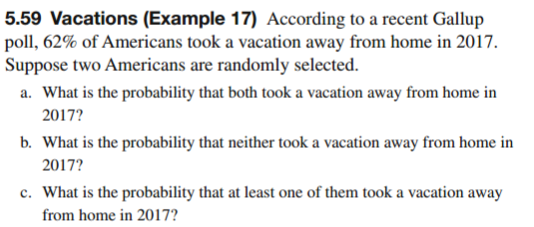 5.59 Vacations (Example 17) According to a recent Gallup
poll, 62% of Americans took a vacation away from home in 2017.
Suppose two Americans are randomly selected.
a. What is the probability that both took a vacation away from home in
2017?
b. What is the probability that neither took a vacation away from home in
2017?
c. What is the probability that at least one of them took a vacation away
from home in 2017?