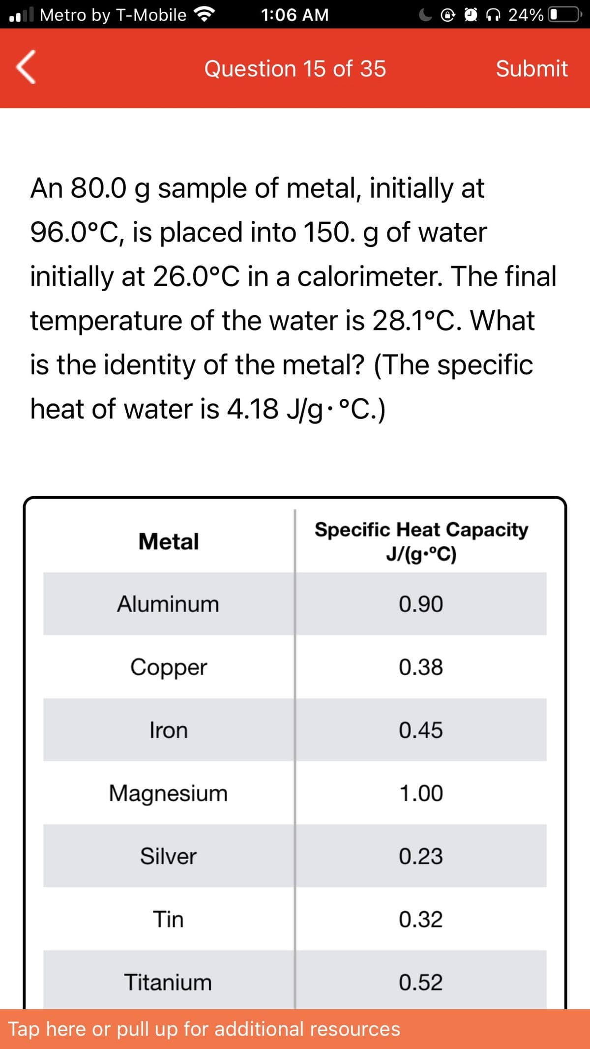 Il Metro by T-Mobile
1:06 AM
n 24%
Question 15 of 35
Submit
An 80.0 g sample of metal, initially at
96.0°C, is placed into 150. g of water
initially at 26.0°C in a calorimeter. The final
temperature of the water is 28.1°C. What
is the identity of the metal? (The specific
heat of water is 4.18 J/g. °C.)
Specific Heat Capacity
J/(g.°C)
Metal
Aluminum
0.90
Copper
0.38
Iron
0.45
Magnesium
1.00
Silver
0.23
Tin
0.32
Titanium
0.52
Tap here or pull up for additional resources
