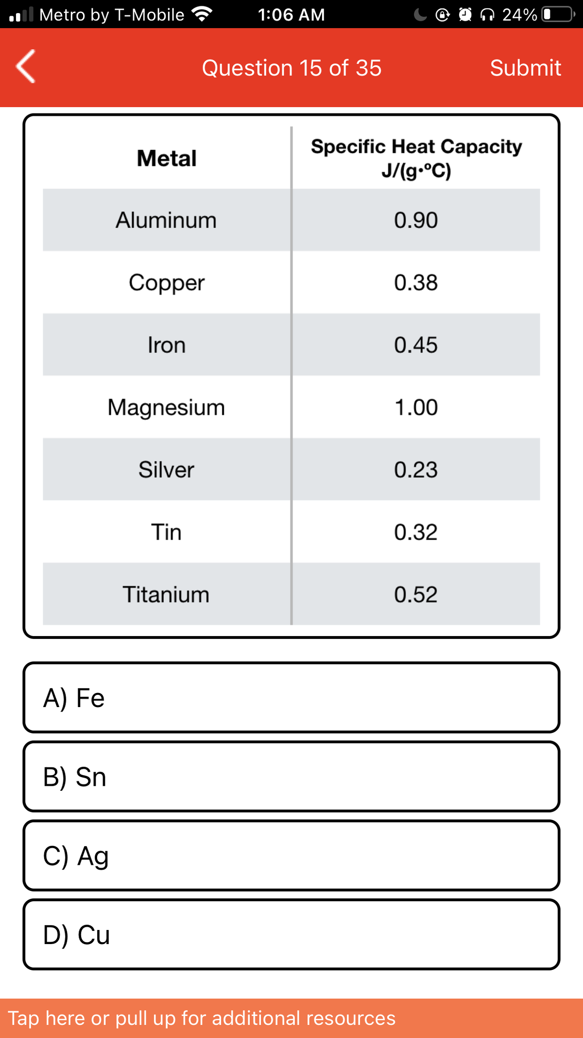 Il Metro by T-Mobile
1:06 AM
n 24%
Question 15 of 35
Submit
Specific Heat Capacity
J/(g•°C)
Metal
Aluminum
0.90
Сopper
0.38
Iron
0.45
Magnesium
1.00
Silver
0.23
Tin
0.32
Titanium
0.52
A) Fe
B) Sn
C) Ag
D) Cu
Tap here or pull up for additional resources
