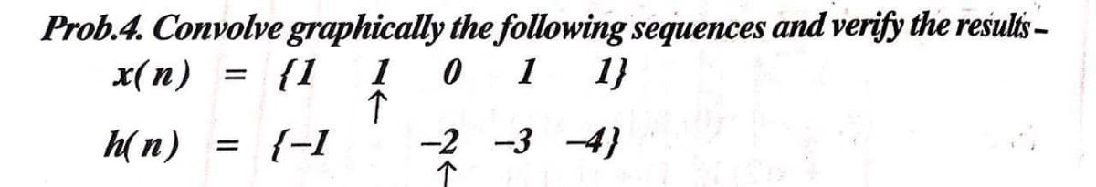 Prob.4. Convolve graphically the following sequences and verify the results -
x(n)
{1
1
1}
h(n) = {-1
-2 -3 -4}
