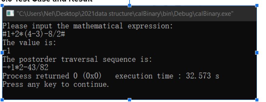 O "C:\Users\Nel\Desktop\2021data structure\calBinary\bin\Debug\calBinary.exe"
Please input the mathematical expression:
#1+2* (4-3)-8/2#
The value is:
-1
The postorder traversal sequence is:
+1*2-43/82
Process returned 0 (0x0)
Press any key to continue.
execution time : 32.573 s
