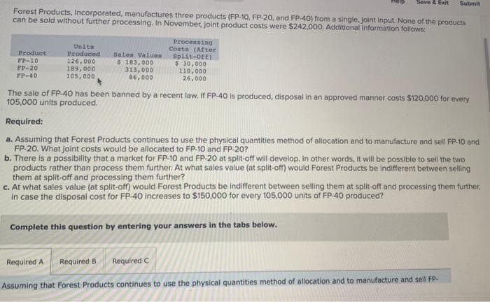 Save & Exit Submit
Forest Products, Incorporated, manufactures three products (FP-10, FP-20, and FP-40) from a single, joint input. None of the products
can be sold without further processing. In November, joint product costs were $242,000. Additional information follows:
Product
FP-10
FP-20
FP-40
Units
Produced
126,000
189,000
105,000
Sales Values
$ 183,000
313,000
86,000
Processing
Costs (After
Split-off)
$ 30,000
110,000
26,000
The sale of FP-40 has been banned by a recent law. If FP-40 is produced, disposal in an approved manner costs $120,000 for every
105,000 units produced.
Required:
a. Assuming that Forest Products continues to use the physical quantities method of allocation and to manufacture and sell FP-10 and
FP-20. What joint costs would be allocated to FP-10 and FP-20?
b. There is a possibility that a market for FP-10 and FP-20 at split-off will develop. In other words, it will be possible to sell the two
products rather than process them further. At what sales value (at split-off) would Forest Products be indifferent between selling
them at split-off and processing them further?
c. At what sales value (at split-off) would Forest Products be indifferent between selling them at split-off and processing them further,
in case the disposal cost for FP-40 increases to $150,000 for every 105,000 units of FP-40 produced?
Required A
Complete this question by entering your answers in the tabs below.
Required B Required C
Assuming that Forest Products continues to use the physical quantities method of allocation and to manufacture and sell FP-