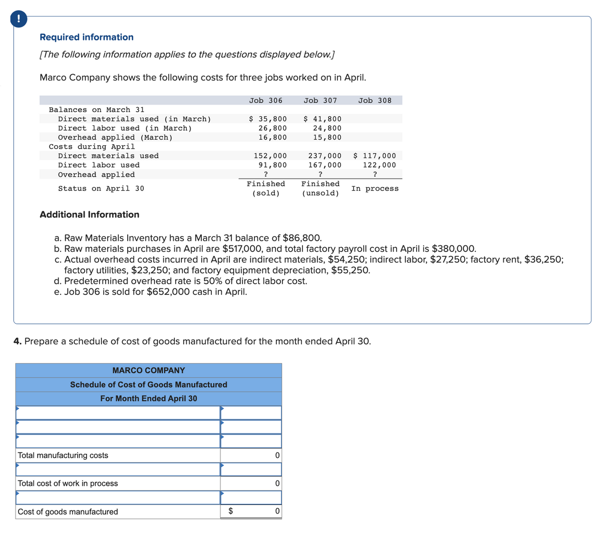 Required information
[The following information applies to the questions displayed below.]
Marco Company shows the following costs for three jobs worked on in April.
Balances on March 31
Direct materials used (in March)
Direct labor used (in March)
Overhead applied (March)
Costs during April
Direct materials used
Direct labor used
Overhead applied
Status on April 30
Additional Information
MARCO COMPANY
Schedule of Cost of Goods Manufactured
For Month Ended April 30
Total manufacturing costs
Total cost of work in process
Job 306
Cost of goods manufactured
$ 35,800
26,800
16,800
$
152,000
91,800
?
Finished
(sold)
a. Raw Materials Inventory has a March 31 balance of $86,800.
b. Raw materials purchases in April are $517,000, and total factory payroll cost in April is $380,000.
c. Actual overhead costs incurred in April are indirect materials, $54,250; indirect labor, $27,250; factory rent, $36,250;
factory utilities, $23,250; and factory equipment depreciation, $55,250.
d. Predetermined overhead rate is 50% of direct labor cost.
e. Job 306 is sold for $652,000 cash in April.
4. Prepare a schedule of cost of goods manufactured for the month ended April 30.
0
Job 307
0
$ 41,800
24,800
15,800
0
Job 308
237,000 $ 117,000
167,000
122,000
?
In process
?
Finished
(unsold)