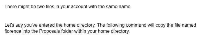 There might be two files in your account with the same name.
Let's say you've entered the home directory. The following command will copy the file named
florence into the Proposals folder within your home directory.