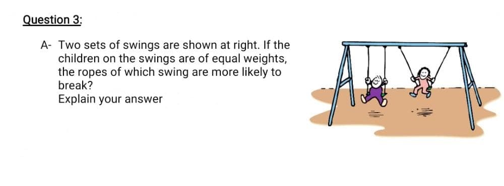 Question 3:
A- Two sets of swings are shown at right. If the
children on the swings are of equal weights,
the ropes of which swing are more likely to
break?
Explain your answer
