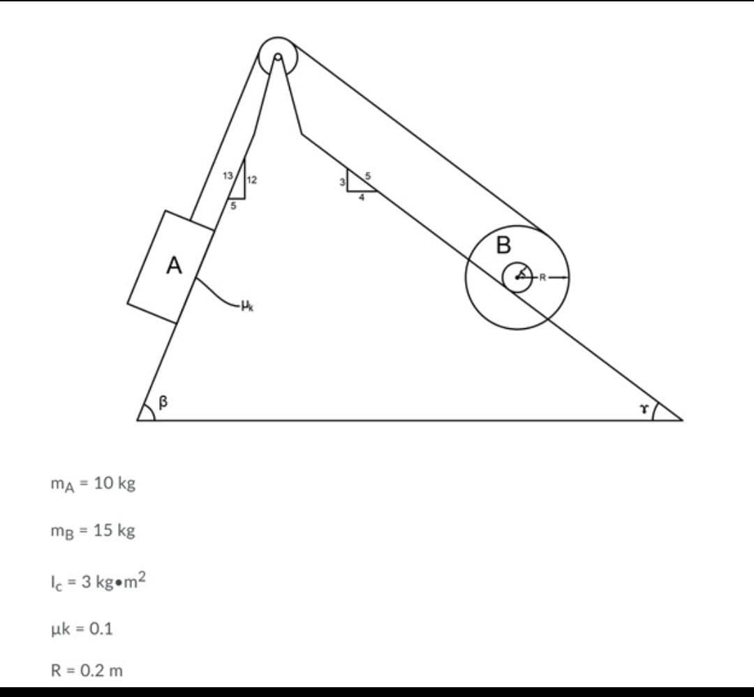 13
A
MA =
10 kg
mg = 15 kg
Ic = 3 kg•m2
%3D
uk = 0.1
R = 0.2 m
