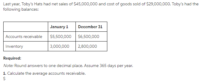 Last year, Toby's Hats had net sales of $45,000,000 and cost of goods sold of $29,000,000. Toby's had the
following balances:
January 1
December 31
Accounts receivable
$5,500,000
$6,500,000
Inventory
3,000,000
2,800,000
Required:
Note: Round answers to one decimal place. Assume 365 days per year.
1. Calculate the average accounts receivable.
$