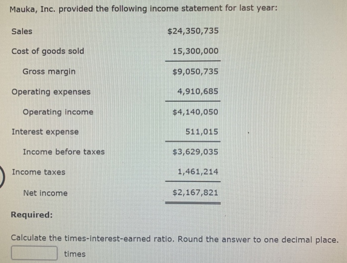 Mauka, Inc. provided the following income statement for last year:
Sales
$24,350,735
Cost of goods sold
15,300,000
Gross margin
$9,050,735
Operating expenses
4,910,685
Operating income
$4,140,050
511,015
$3,629,035
1,461,214
$2,167,821
Required:
Calculate the times-interest-earned ratio. Round the answer to one decimal place.
times
Interest expense
Income before taxes
Income taxes
Net income