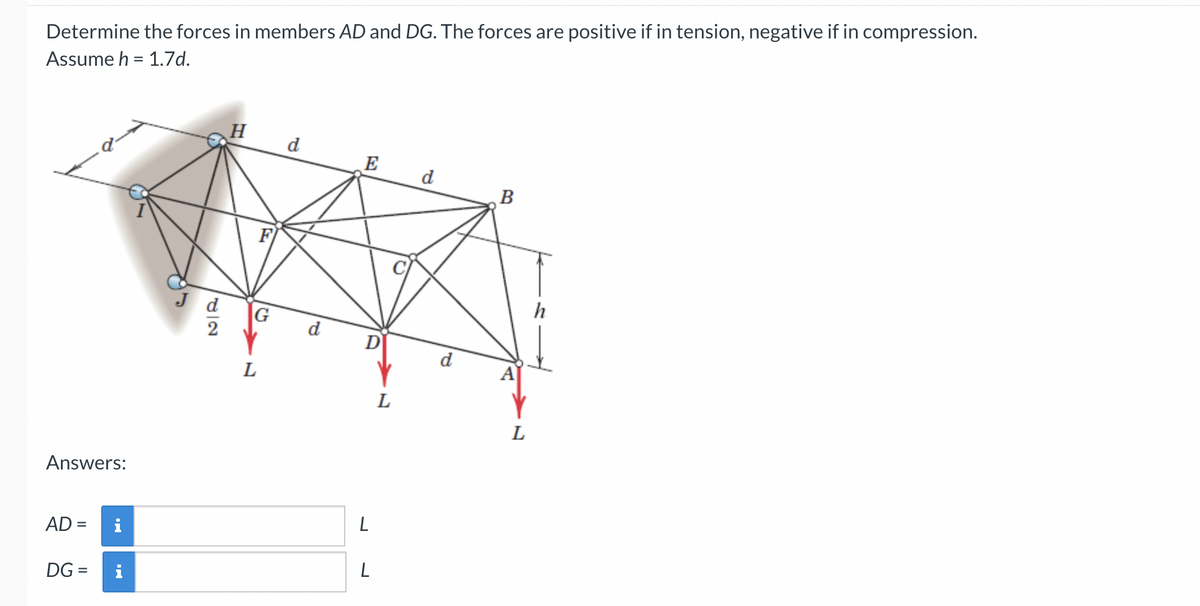 Determine the forces in members AD and DG. The forces are positive if in tension, negative if in compression.
Assume h = 1.7d.
Answers:
AD =
DG =
i
H
F
G
L
d
d
E
D
L
L
L
d
d
B
A
L