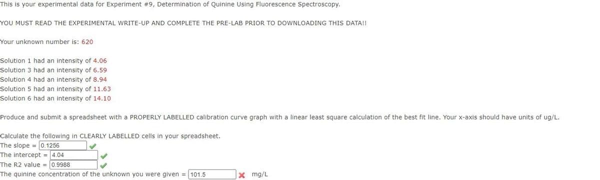 This is your experimental data for Experiment #9, Determination of Quinine Using Fluorescence Spectroscopy.
YOU MUST READ THE EXPERIMENTAL WRITE-UP AND COMPLETE THE PRE-LAB PRIOR TO DOWNLOADING THIS DATA!!
Your unknown number is: 620
Solution 1 had an intensity of 4.06
Solution 3 had an intensity of 6.59
Solution 4 had an intensity of 8.94
Solution 5 had an intensity of 11.63
Solution 6 had an intensity of 14.10
Produce and submit a spreadsheet with a PROPERLY LABELLED calibration curve graph with a linear least square calculation of the best fit line. Your x-axis should have units of ug/L.
Calculate the following in CLEARLY LABELLED cells in your spreadsheet.
The slope = 0.1256
The intercept = |4.04
The R2 value = 0.9988
The quinine concentration of the unknown you were given = 101.5
x mg/L
