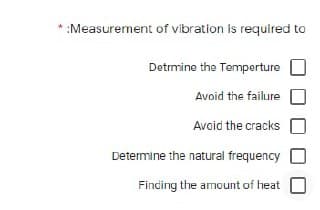 :Measurement of vibration is required to
Detrmine the Temperture
Avoid the failure
Avoid the cracks
Determine the natural frequency
Finding the amount of heat
