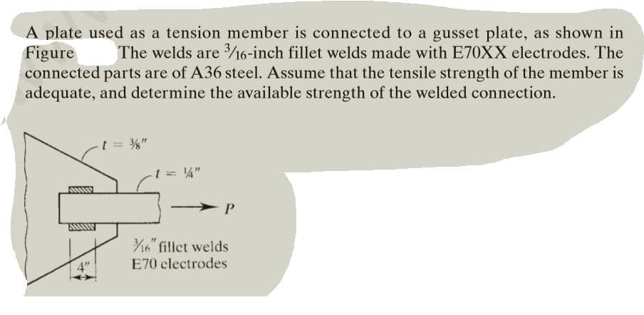 A plate used as a tension member is connected to a gusset plate, as shown in
Figure
connected parts are of A36 steel. Assume that the tensile strength of the member is
adequate, and determine the available strength of the welded connection.
The welds are 16-inch fillet welds made with E70XX electrodes. The
t = %"
t = ¼"
16" fillet welds
4"
E70 clectrodes
