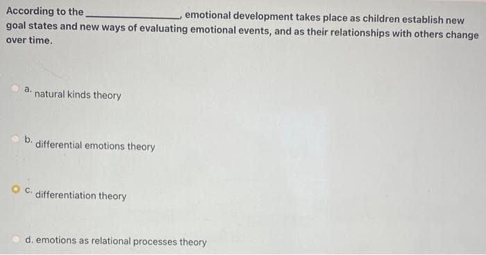 According to the,
goal states and new ways of evaluating emotional events, and as their relationships with others change
emotional development takes place as children establish new
over time.
a.
natural kinds theory
b.
differential emotions theory
C.
differentiation theory
d. emotions as relational processes theory
