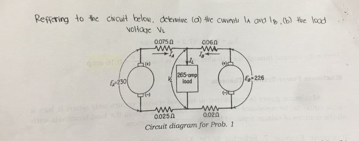 Reffering to the civcuit below, delevinine (a) the cuvente la and lo.(b) the load
voltage VL
0.0750
(+)
(+)
265-amp
load
Ex=230
0sE=226
wolmumbxet
(-
st beof
0.0250
0.020
Circuit diagram for Prob. 1
