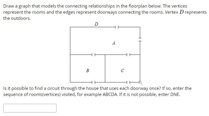 Draw a graph that models the connecting relationships in the floorplan below. The vertices
represent the rooms and the edges represent doorways connecting the rooms. Vertex D represents
the outdoors.
B
D
A
с
Is it possible to find a circuit through the house that uses each doorway once? If so, enter the
sequence of rooms(vertices) visited, for example ABCDA. If it is not possible, enter DNE.