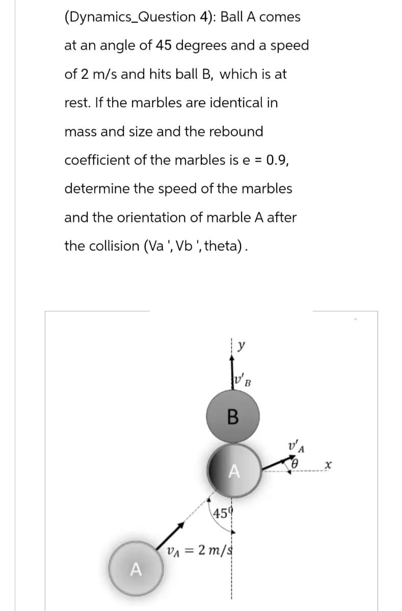 (Dynamics Question 4): Ball A comes
at an angle of 45 degrees and a speed
of 2 m/s and hits ball B, which is at
rest. If the marbles are identical in
mass and size and the rebound
coefficient of the marbles is e = 0.9,
determine the speed of the marbles
and the orientation of marble A after
the collision (Va', Vb', theta).
A
y
V'B
B
A
459
VA = 2 m/s
X