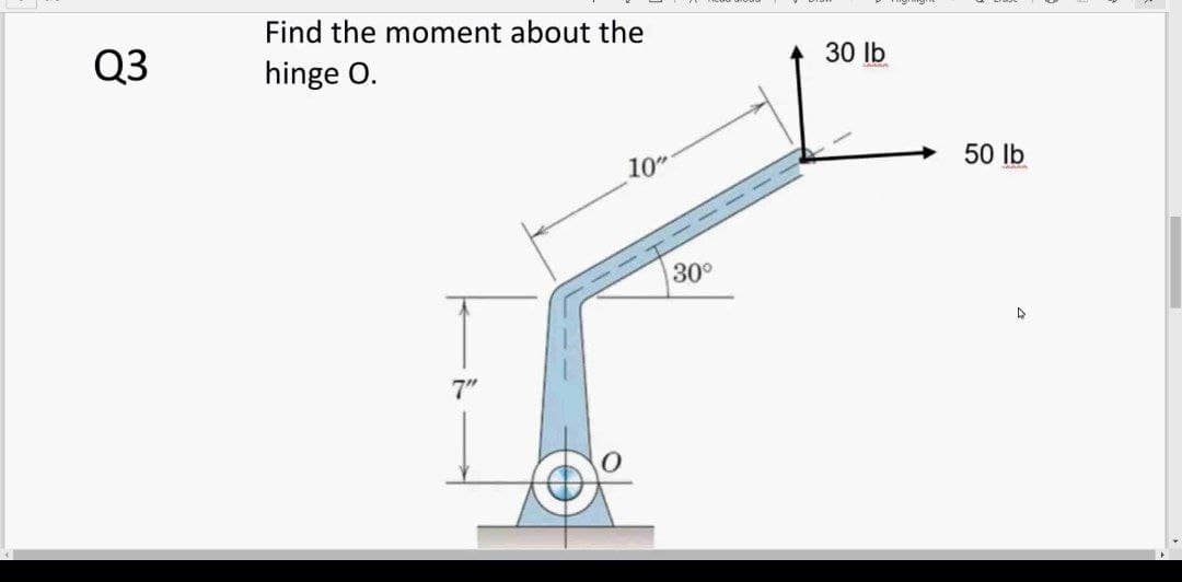 Find the moment about the
Q3
hinge O.
30 lb
10"
50 lb
30°
7"
