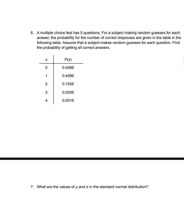 6. A multiple choice test has 5 questions. For a subject making random guesses for each
answer, the probability for the number of correct responses are given in the table in the
following table. Assume that a subject makes random guesses for each question. Find
the probability of getting all correct answers.
X
P(x)
0
0.4096
1
0.4096
2
0.1536
3
0.0256
4
0.0016
7. What are the values of u and o in the standard normal distribution?