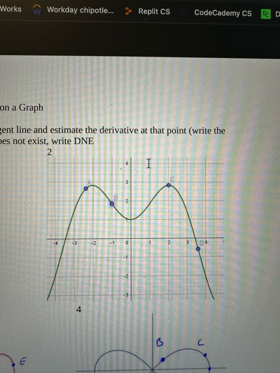 Works
Workday chipotle...
D
on a Graph
gent line and estimate the derivative at that point (write the
Des not exist, write DNE
2
-4
-3
4
-2
-1
3
2
Replit CS
0
I
CodeCademy CS
B
D