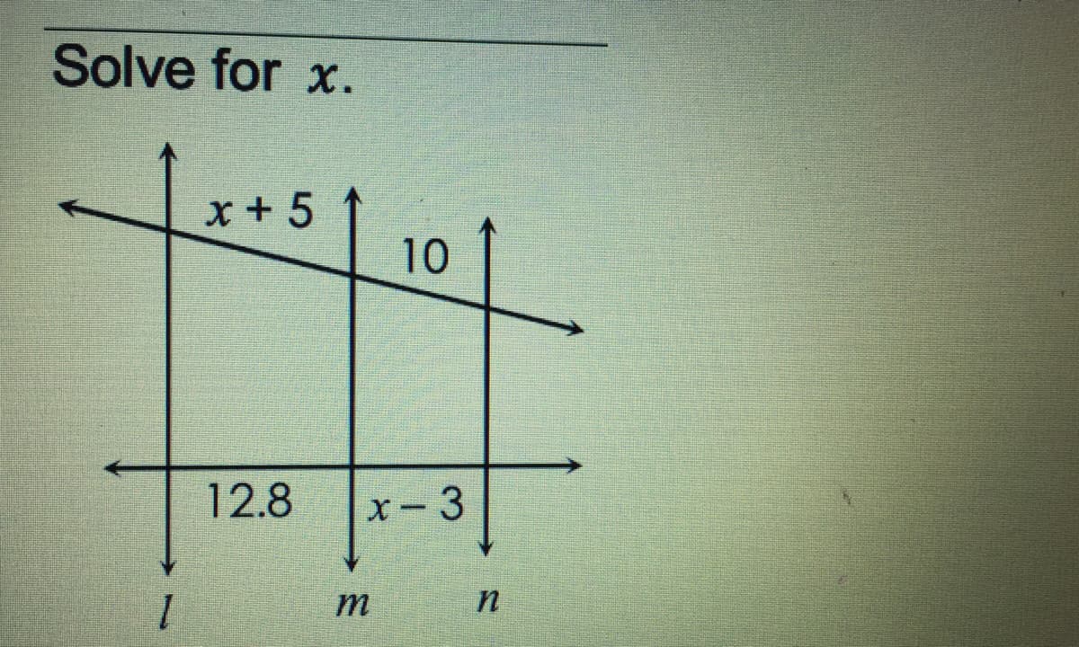 Solve for x.
x+5
10
12.8
x- 3
m
