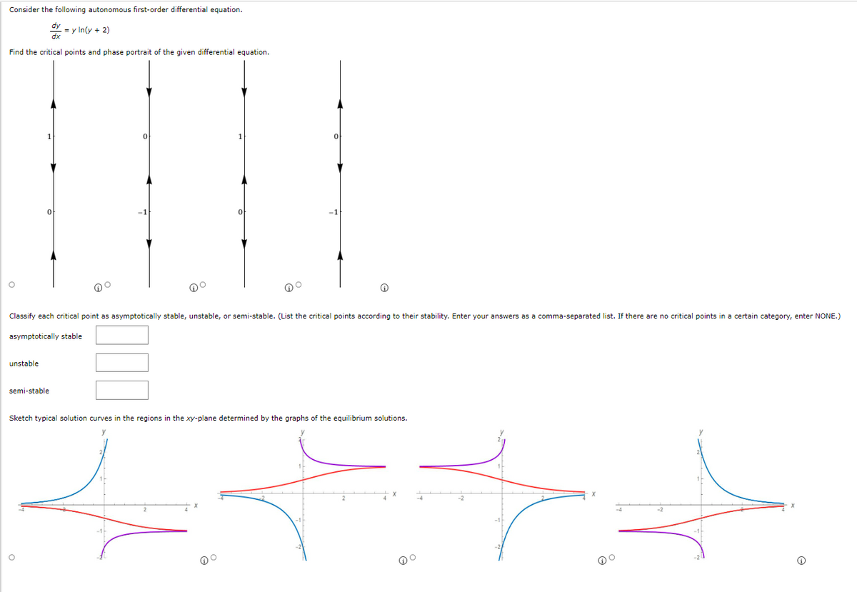 Consider the following autonomous first-order differential equation.
= y In(y + 2)
Find the critical points and phase portrait of the given differential equation.
0
1
0
O
Ⓡ
Classify each critical point as asymptotically stable, unstable, or semi-stable. (List the critical points according to their stability. Enter your answers as a comma-separated list. If there are no critical points in a certain category, enter NONE.)
asymptotically stable
unstable
semi-stable
Sketch typical solution curves in the regions in the xy-plane determined by the graphs of the equilibrium solutions.
O
O
0