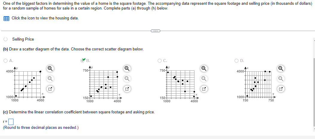 One of the biggest factors in determining the value of a home is the square footage. The accompanying data represent the square footage and selling price (in thousands of dollars)
for a random sample of homes for sale in a certain region. Complete parts (a) through (h) below.
Click the icon to view the housing data.
Selling Price
(b) Draw a scatter diagram of the data. Choose the correct scatter diagram below.
OA.
Ay
4000+
1000+
1000
4000
Q
Q
B.
r=
(Round to three decimal places as needed.)
A)
750+
H
150++
1000
ata
4000
Q
C
(c) Determine the linear correlation coefficient between square footage and asking price.
O C.
Ay
750-
150+
1000
4000
Q
Q
✔
O D.
Ax
4000+
1000++
150
CY
750
Q
G