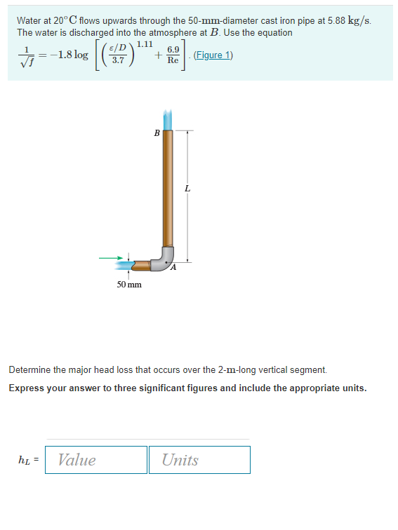 Water at 20°C flows upwards through the 50-mm-diameter cast iron pipe at 5.88 kg/s.
The water is discharged into the atmosphere at B. Use the equation
/D\ 1.11
6.9
1.81
(Figure 1)
= -
3.7
Re
B
50 mm
Determine the major head loss that occurs over the 2-m-long vertical segment.
Express your answer to three significant figures and include the appropriate units.
hi =
Value
Units
