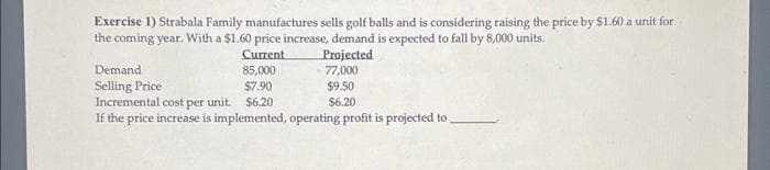 Exercise 1) Strabala Family manufactures sells golf balls and is considering raising the price by $1.60 a unit for
the coming year. With a $1.60 price increase, demand is expected to fall by 8,000 units.
Current
Projected
77,000
$9.50
$6.20
Demand
Selling Price
85,000
$7.90
$6.20
Incremental cost per unit.
If the price increase is implemented, operating profit is projected to