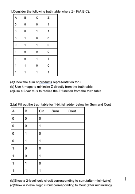 1.Consider the following truth table where Z= F(A,B,C).
A
B
1
1
1
1
1
1
1
1
1
1
1
(a)Show the sum of products representation for Z.
(b) Use k-maps to minimize Z directly from the truth table
(c)Use a 2-var mux to realize the Z function from the truth table
2.(a) Fill out the truth table for 1-bit full adder below for Sum and Cout
A
В
Cin
Sum
Cout
1
1
1
1
1
(b)Show a 2-level logic circuit corresponding to sum.(after minimizing)
(c)Show a 2-level logic circuit corresponding to Cout.(after minimizing)
